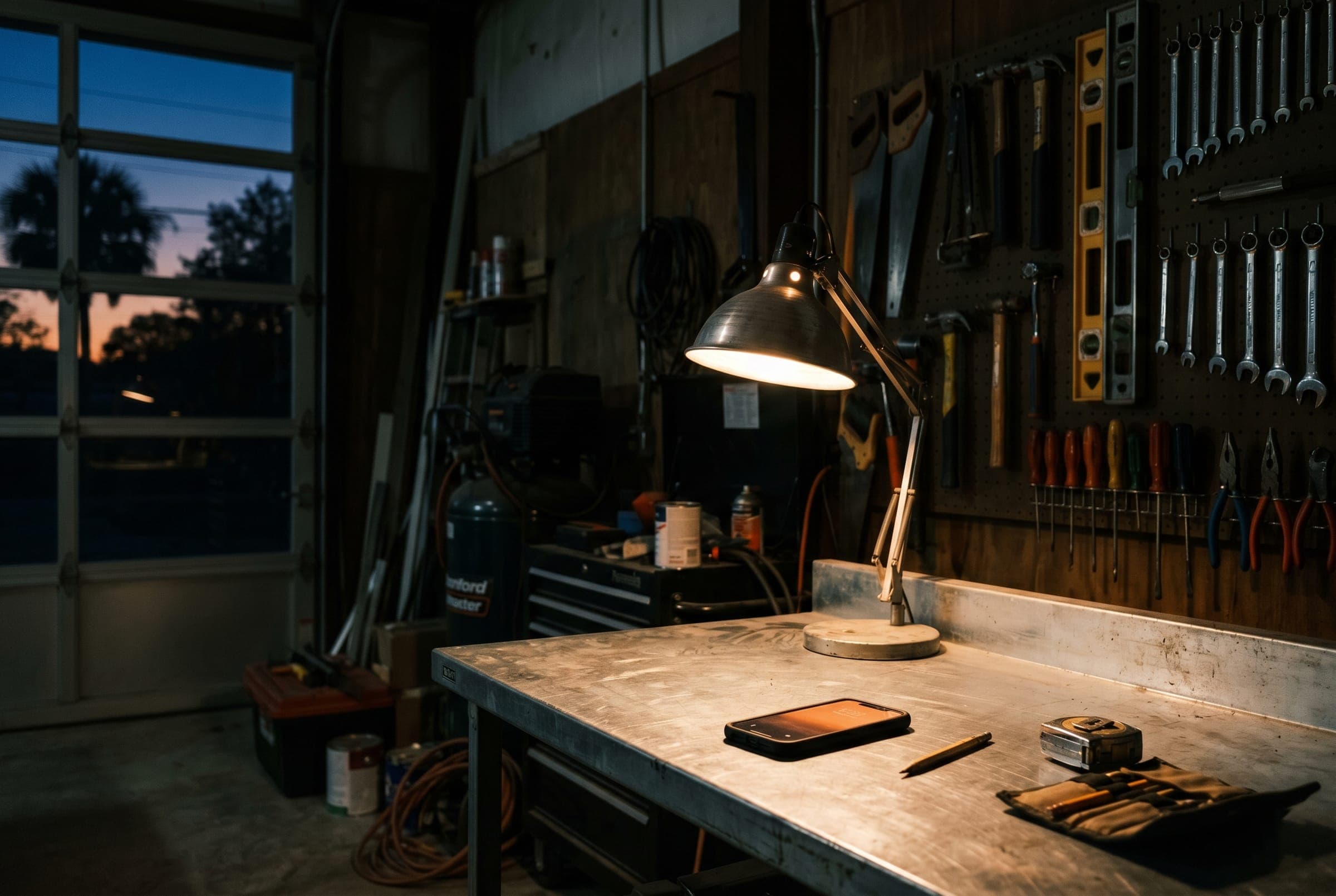 A contractor workshop at dusk, a work lamp over the bench and a phone glowing face up