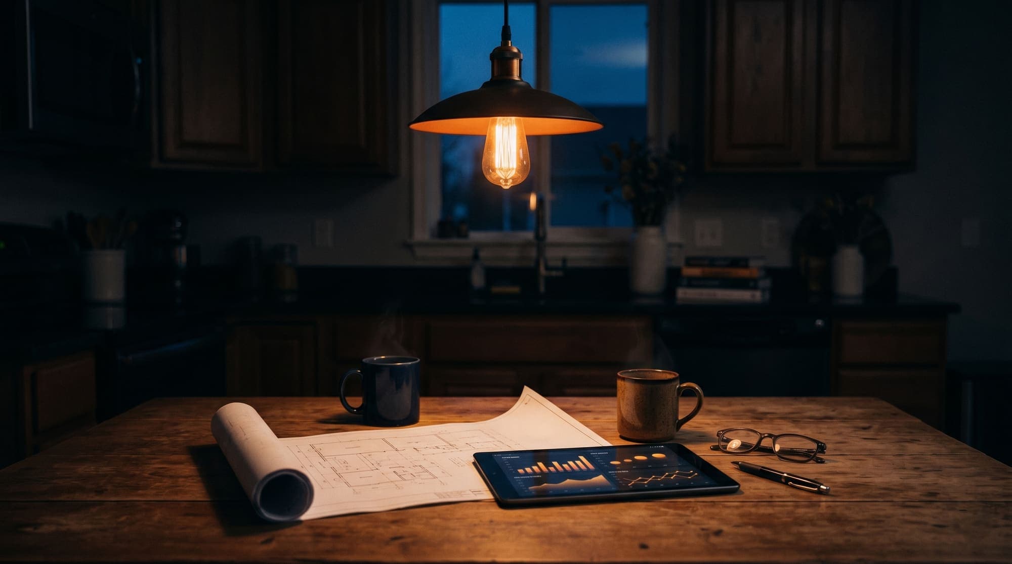 A kitchen table at night: rolled-up plans, a tablet showing job numbers, two mugs of coffee under a single warm pendant light