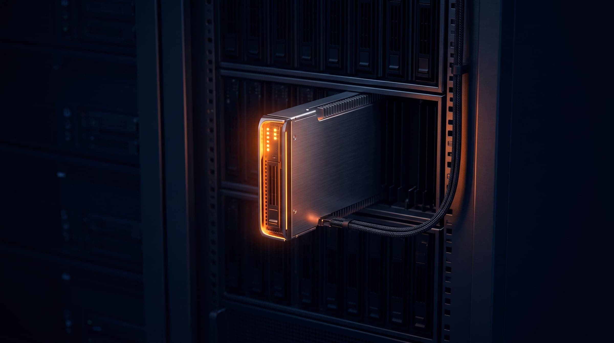 A single server blade glowing warm orange in a dark rack
